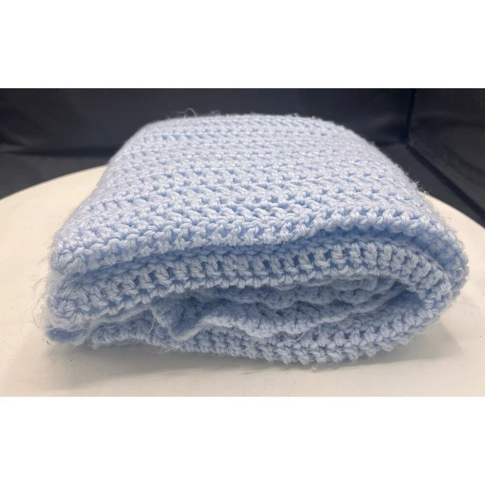 Hand Crocheted Baby Blanket Light Blue Afghan Throw Handmade 35-37”